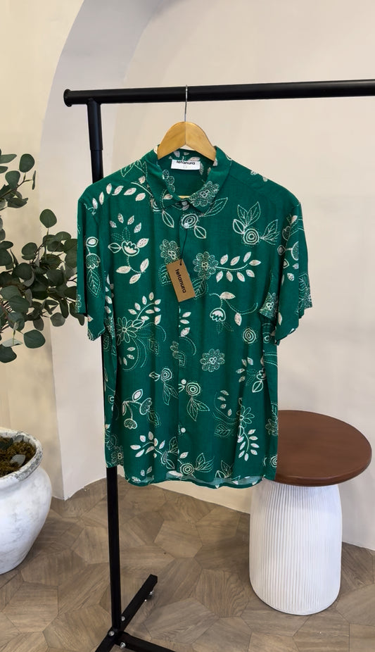 Green white floral print shirt