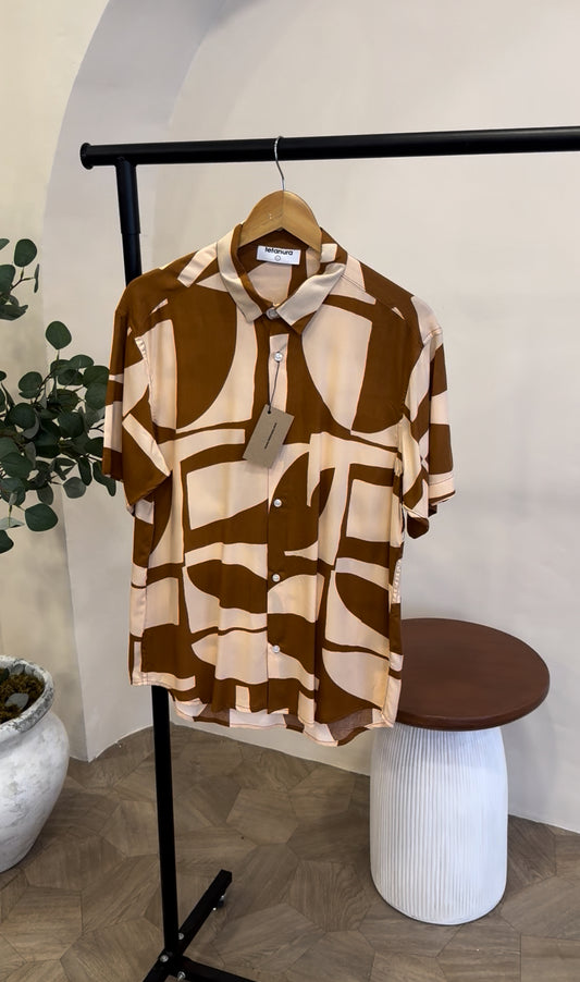 Cream brown abstract print shirt