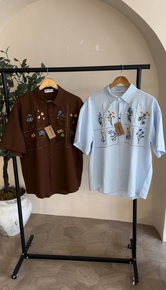 Floral embroidery waffle shirt (2 COLORS)