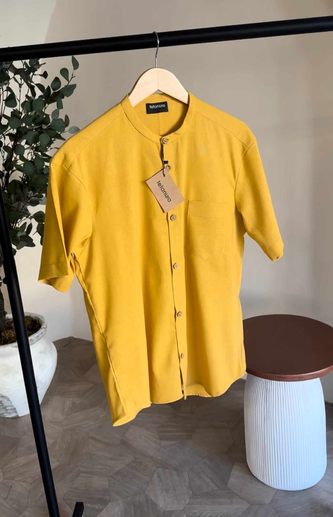 Band collar shortsleeve linen shirt (7 COLORS)