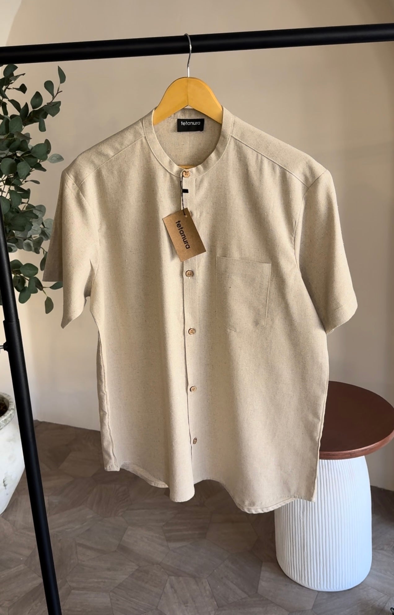 Band collar shortsleeve linen shirt (7 COLORS)