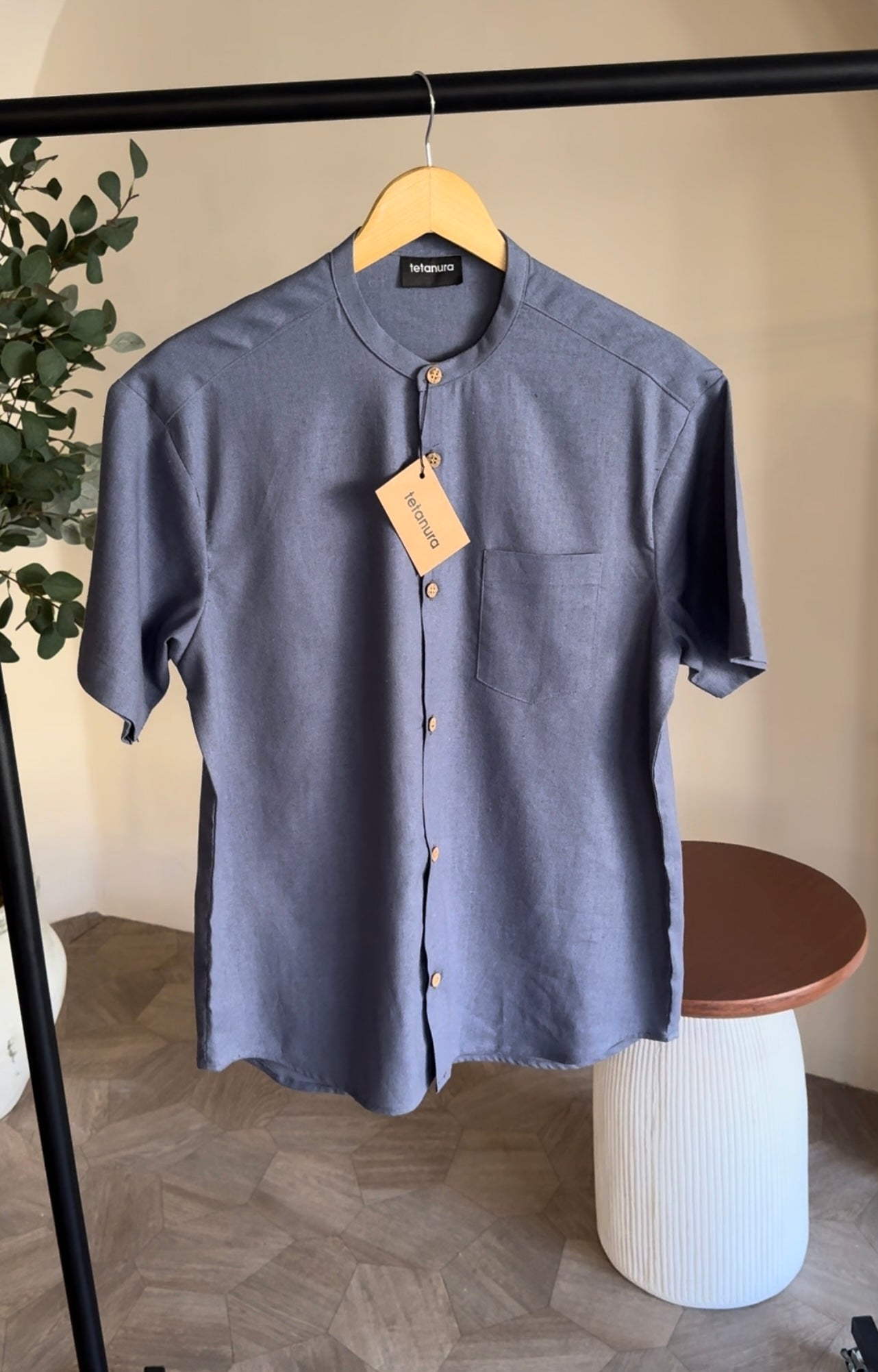 Band collar shortsleeve linen shirt (7 COLORS)