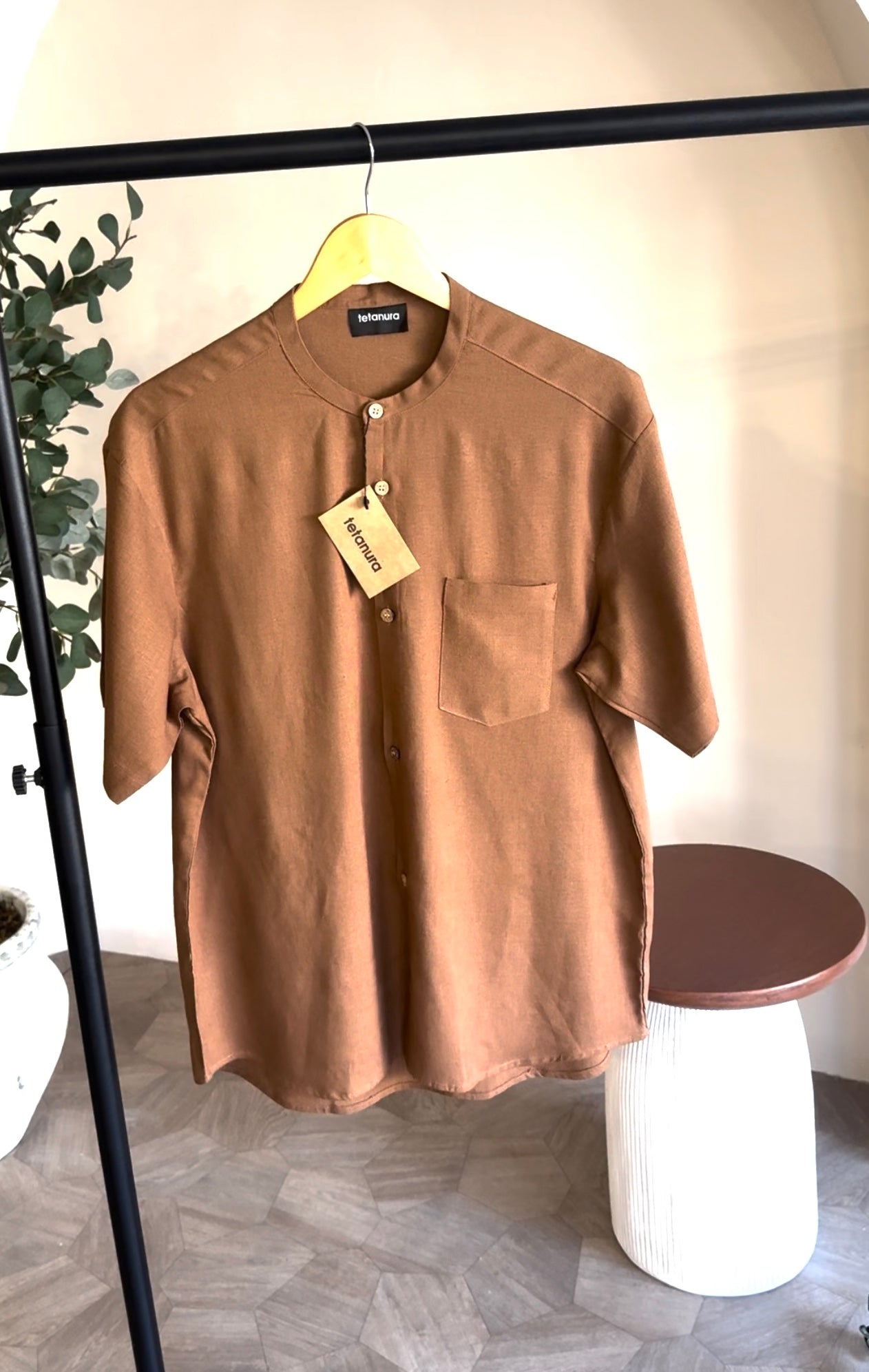 Band collar shortsleeve linen shirt (7 COLORS)