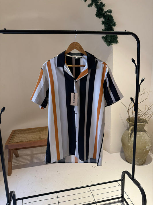 Brown blue white black stripe shirt