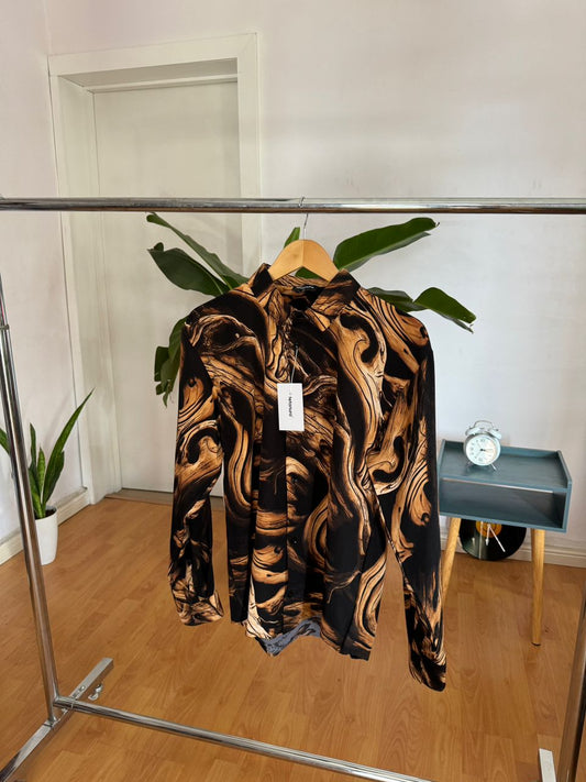 Black brown tiger pattern print long sleeve shirt