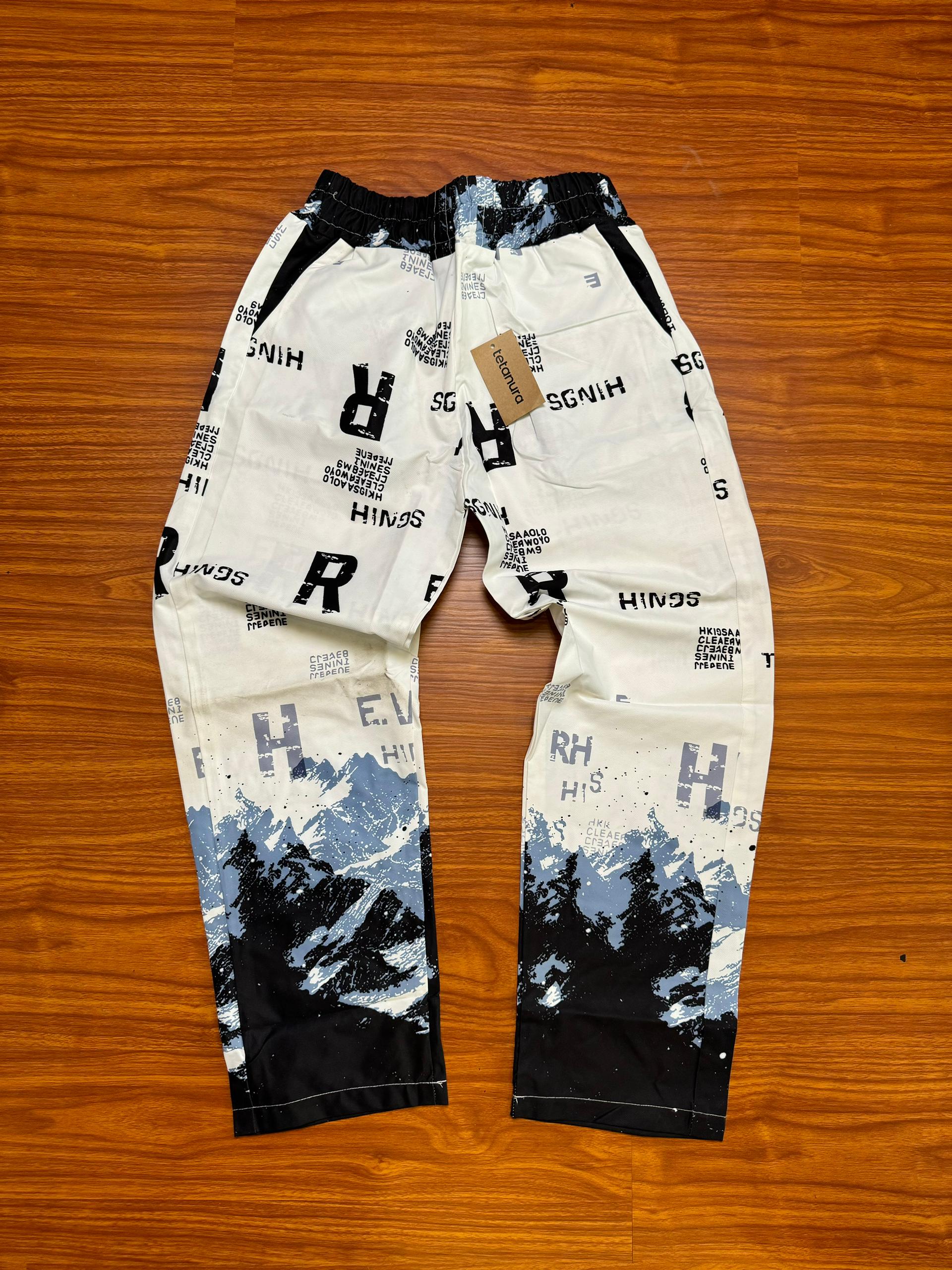 white blue R hings print pant