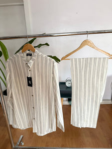 White grey stripe long sleeve linen set