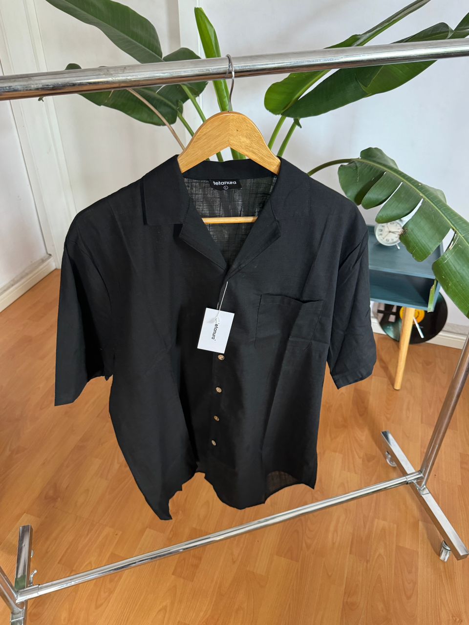 Black Oversized cuban style light linen shirt