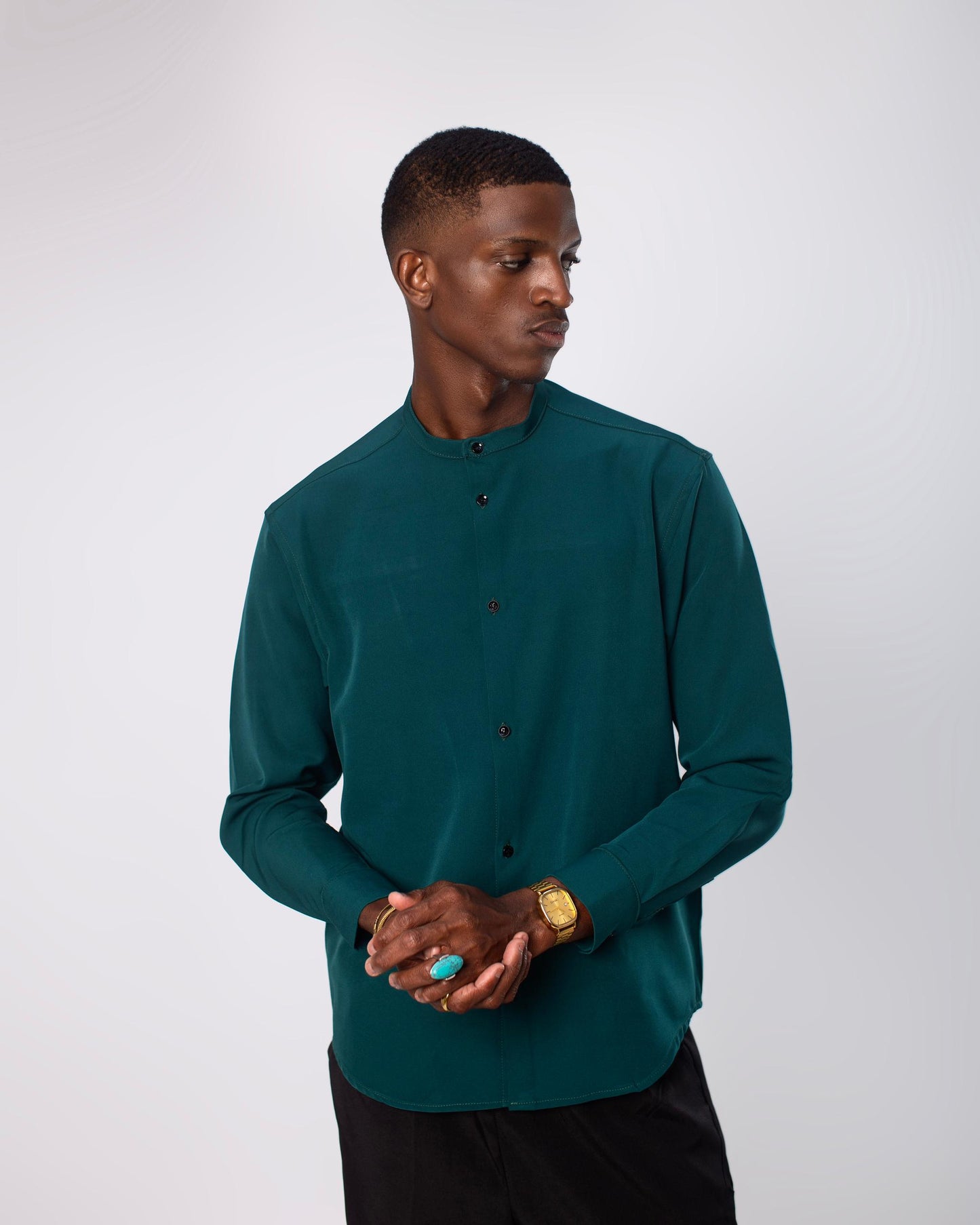 Emerald green band collar long sleeve shirt